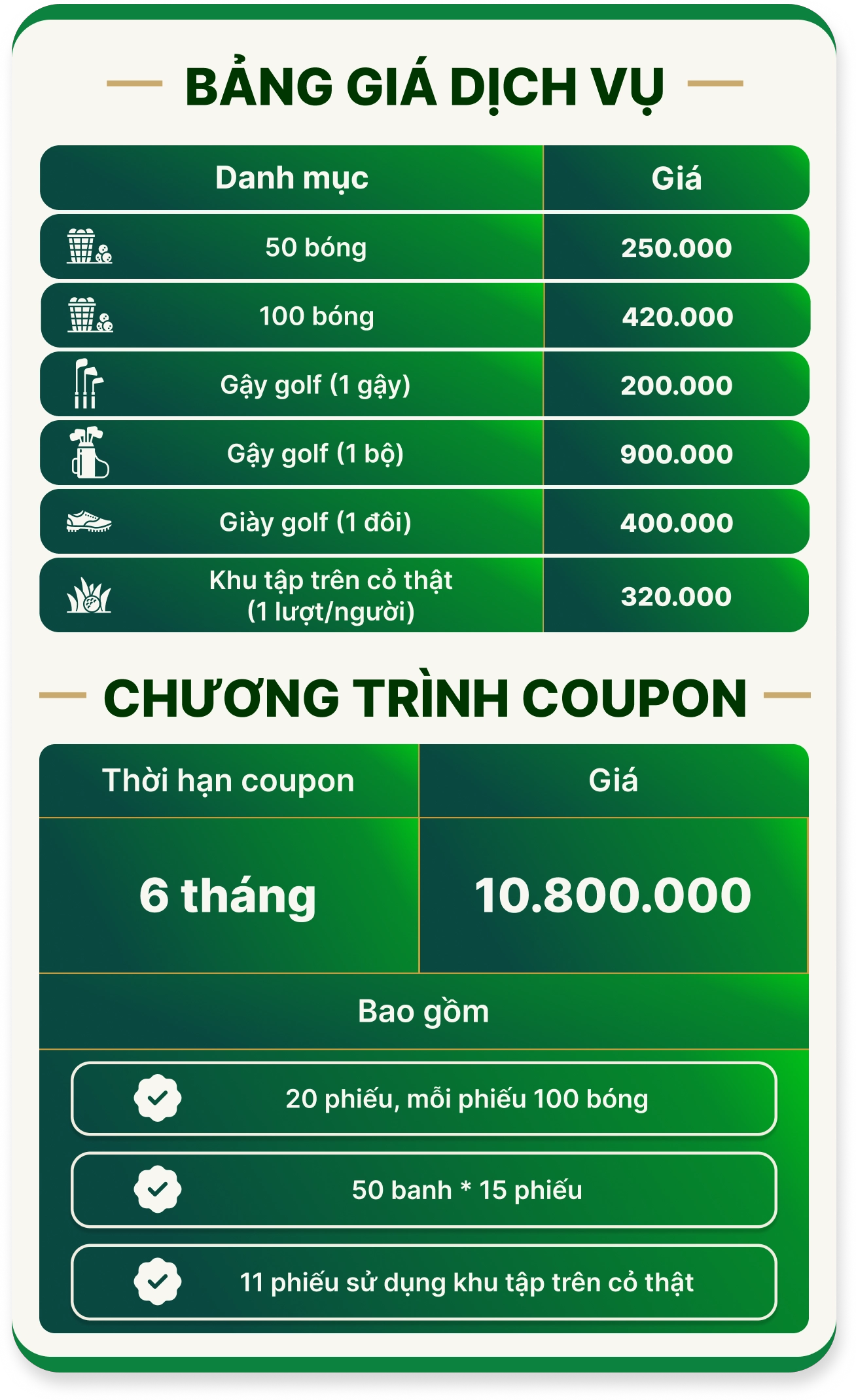Bảng giá sân tập golf