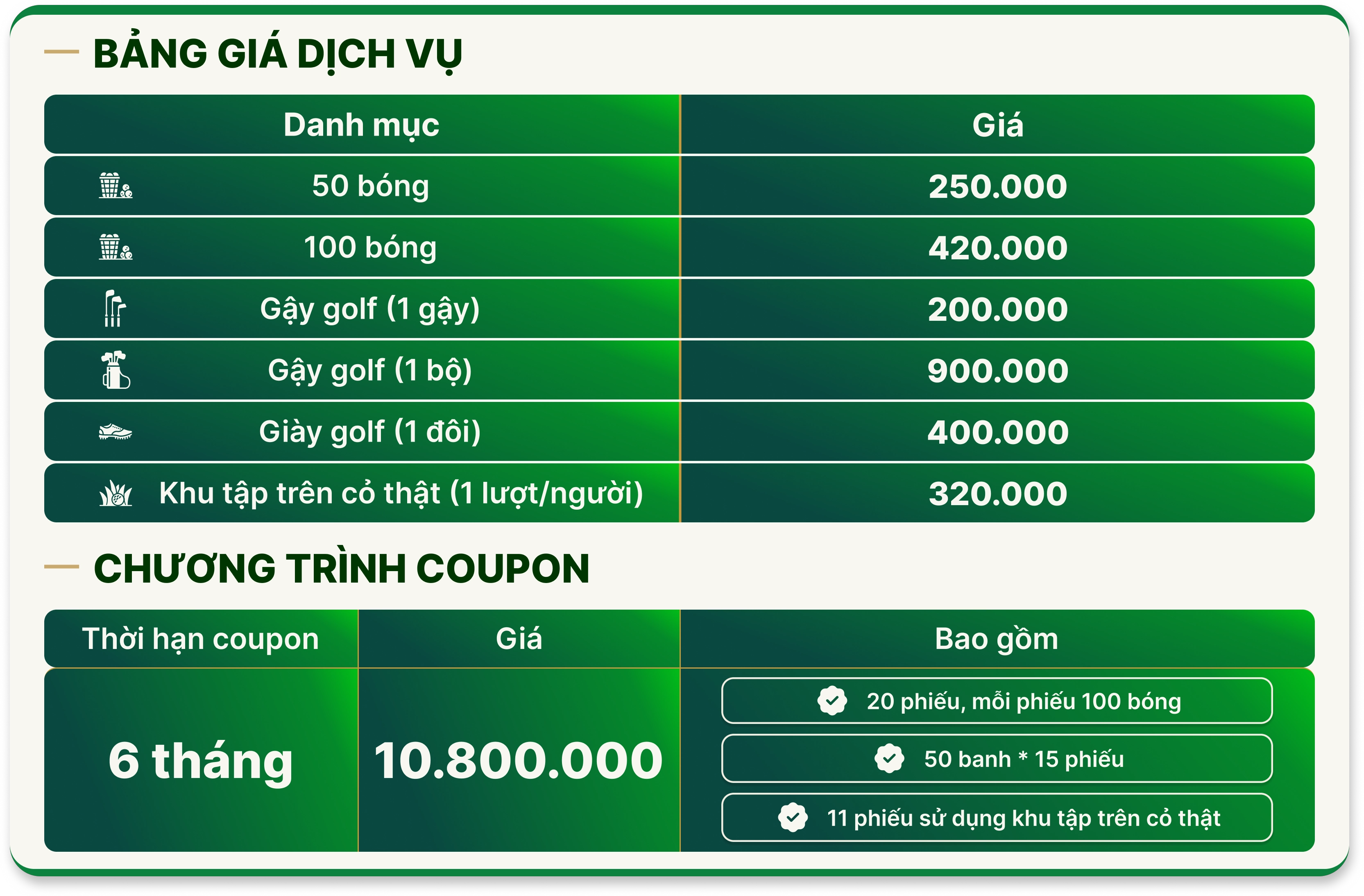Bảng giá sân tập golf